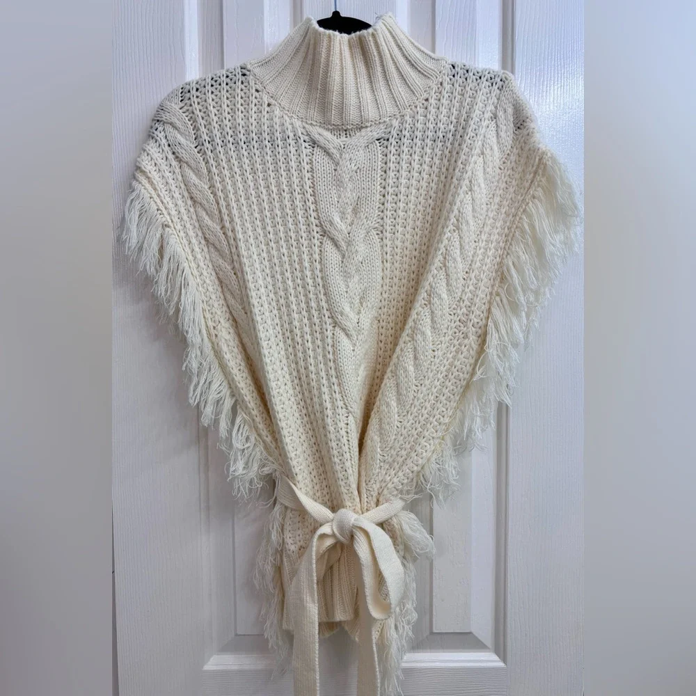SAGE THE LABEL Fringed Cable-Knit Turtleneck Sweater in Ivory/Cream - SIZE M - Picture 2 of 16